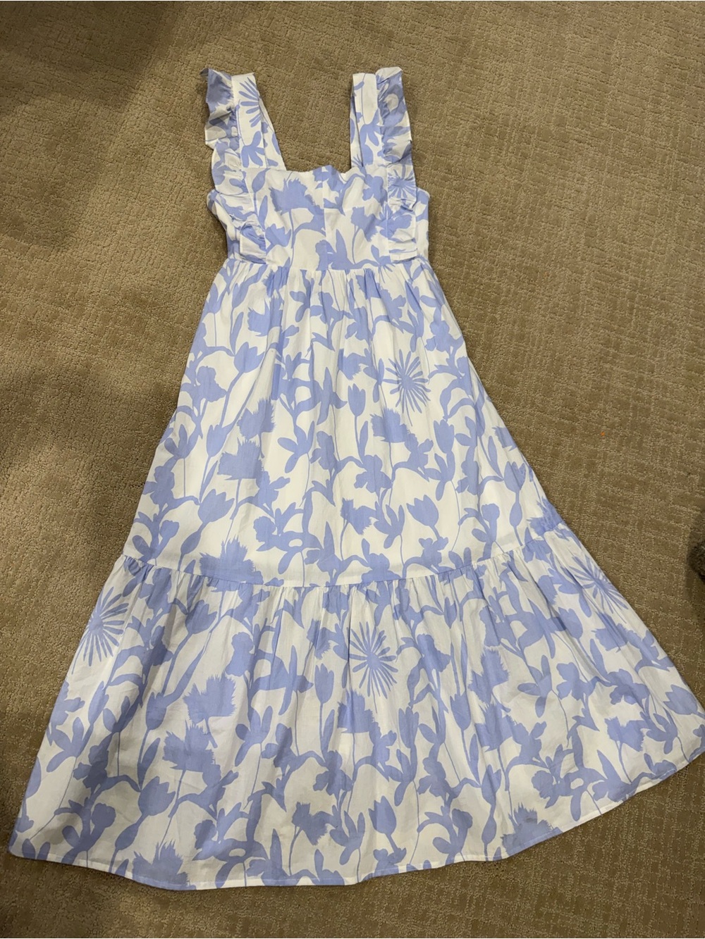Three Daughters Blue and White Floral Ruffle Strap Midi Dress